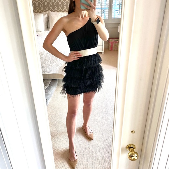 KARLIE Tuckernuck One Shoulder Tiered Black Feather Mini Dress Cocktail Party - Picture 2 of 12